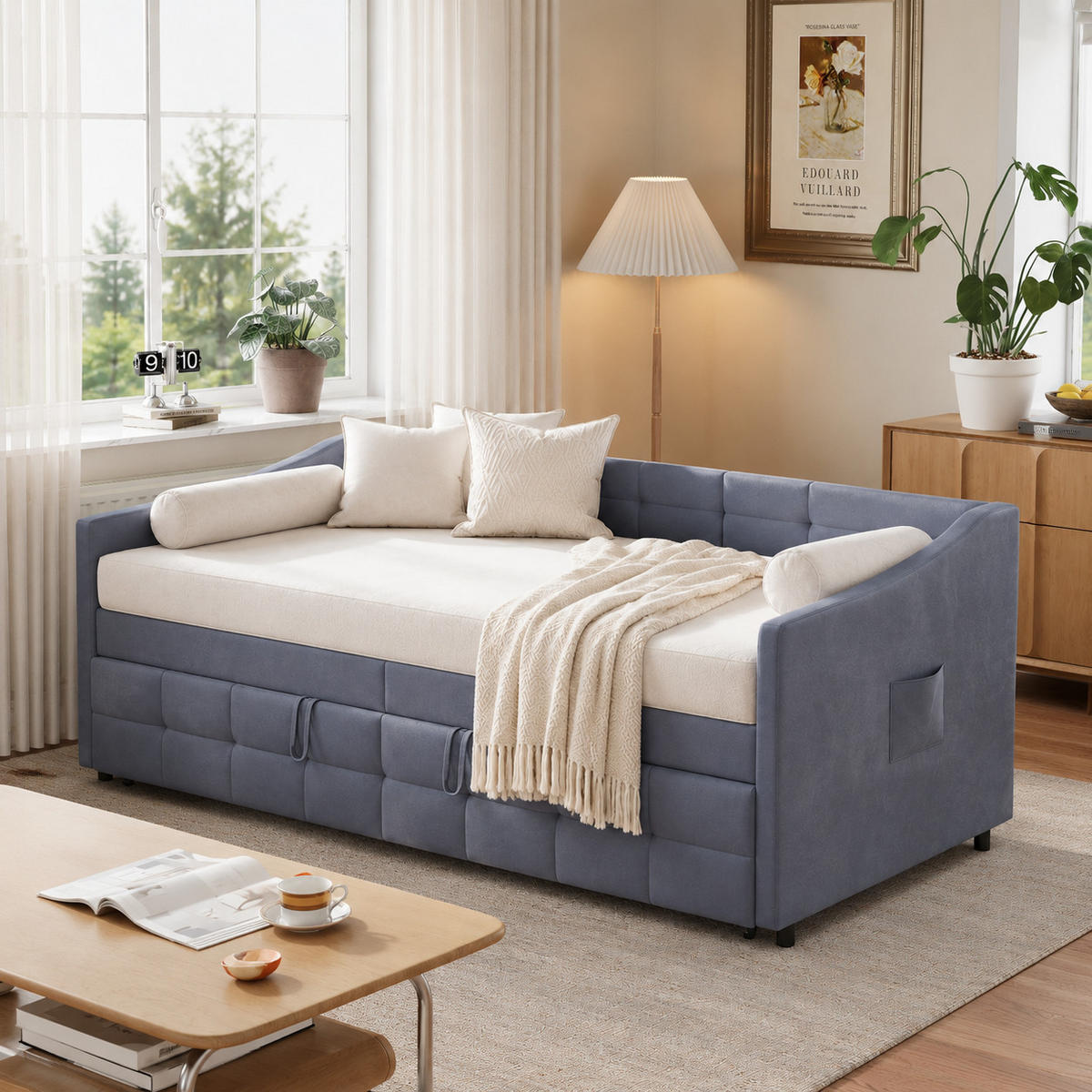 SCHLAFSOFA mit Ausziehfunktion und Stauraum, Polstersofa - Grau, Metall (193.5/75/215cm) - Joyfair