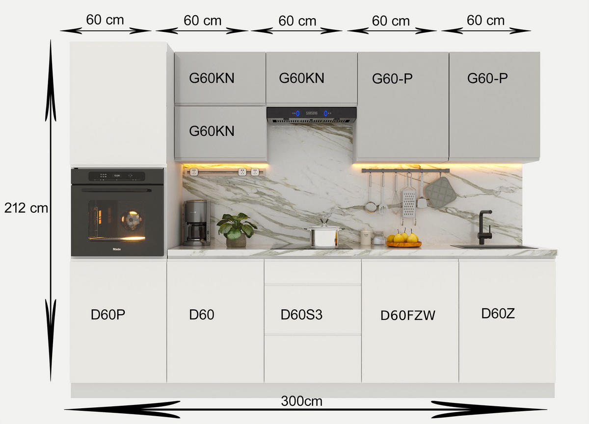 KÜCHENZEILE 300 cm Glanzia – KU-S02 – Weiß / Grau – Hochglanz - Weiß Hochglanz, Holzwerkstoff (300/212/58cm)