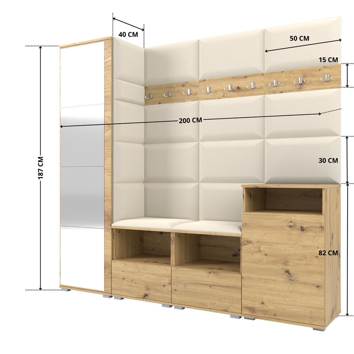 GARDEROBE NELA X 200 cm (Modulare Flurmöbel Artisan Eiche mit Spiegel & Sitzpolster Creme 01 Schrank + Sideboard) - Silberfarben/Creme, Holz/Holzwerkstoff (200/187/40cm) - Ravio