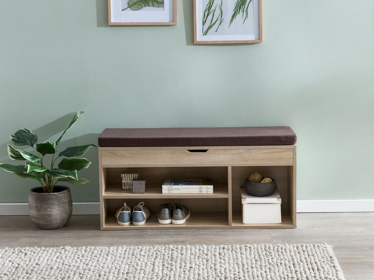 GARDEROBENBANK Holz gepolstert mit Stauraum, Beige 104x32x51 cm - Beige/Braun, Holz/Textil (104/51/32cm) - KADIMA DESIGN