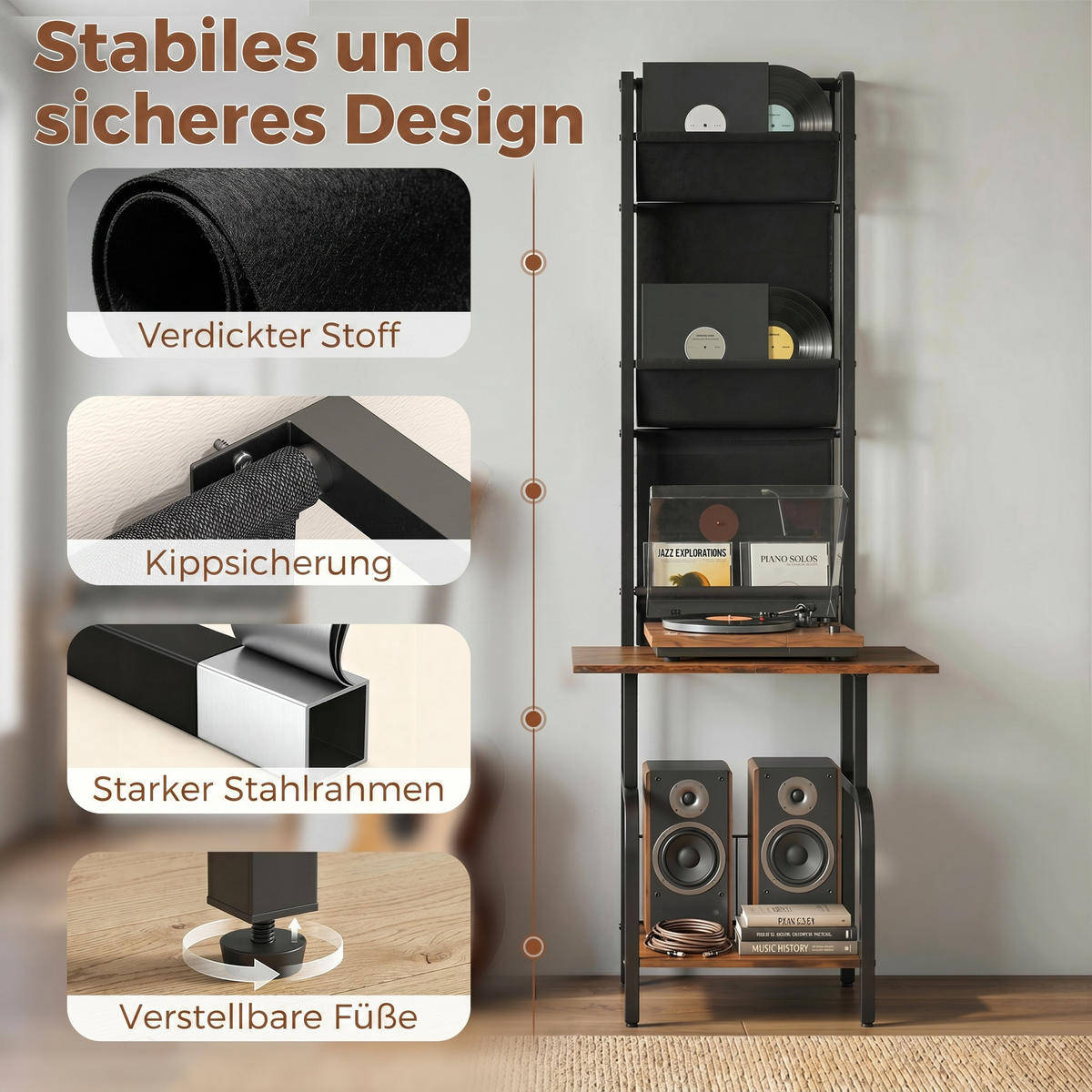 CD-REGAL Braun und Schwarz mit 3 Stofftaschen - Wildeiche, Metall (50/144/48.5cm) - PANGIVO