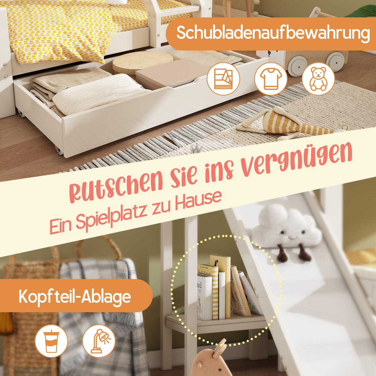 HOCHBETT aus Holz/MDF 90/140x200 cm in Weiß mit Rutsche & Schublade - Weiß, Holzwerkstoff (90/200cm) - Modfu