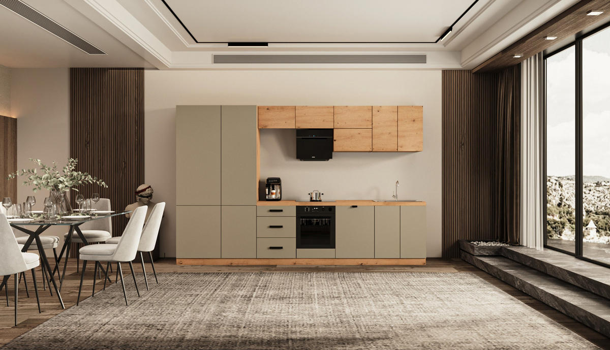 KÜCHENZEILE 360 cm - Langen KL19-M360 - in Beige / Artisan Eiche - Beige/Schwarz, Holz/Metall (360/212/58cm)