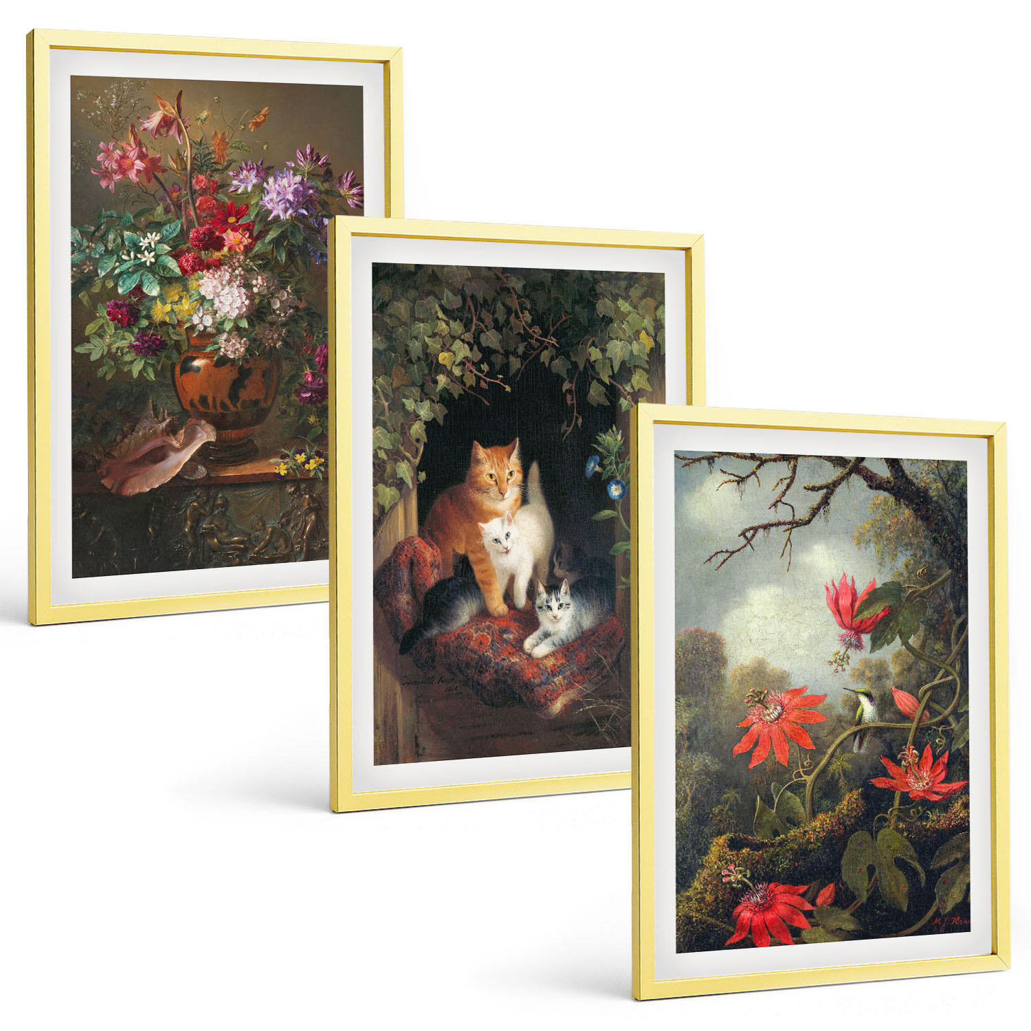 BILDER SET 3er Set - 40x60 cm Goldrahmen - Vintage-Blumen, Katzen, Natur - Goldfarben, Kunststoff (40/60cm) - TULUP