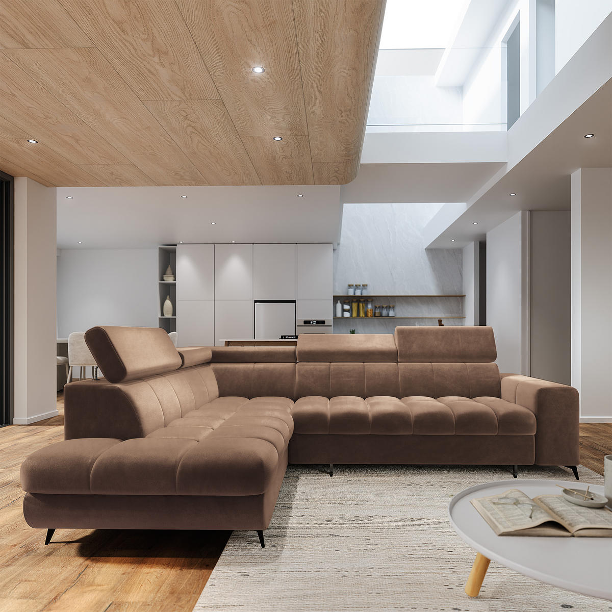 ECKSOFA MORIVA L-S Beige Velours-Stoff mit Schlaffunktion - Beige, Holz (253/190cm) - MASSENO