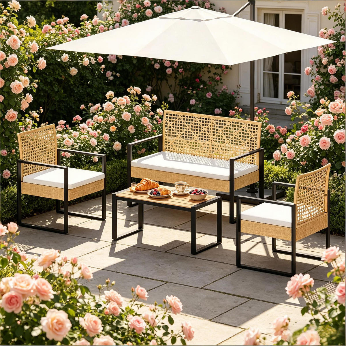 GARTENMÖBEL-SET Naturholz 4-teilig inkl. Couchtisch & abnehmbaren Polstern - Naturfarben, Naturmaterialien - PANGIVO