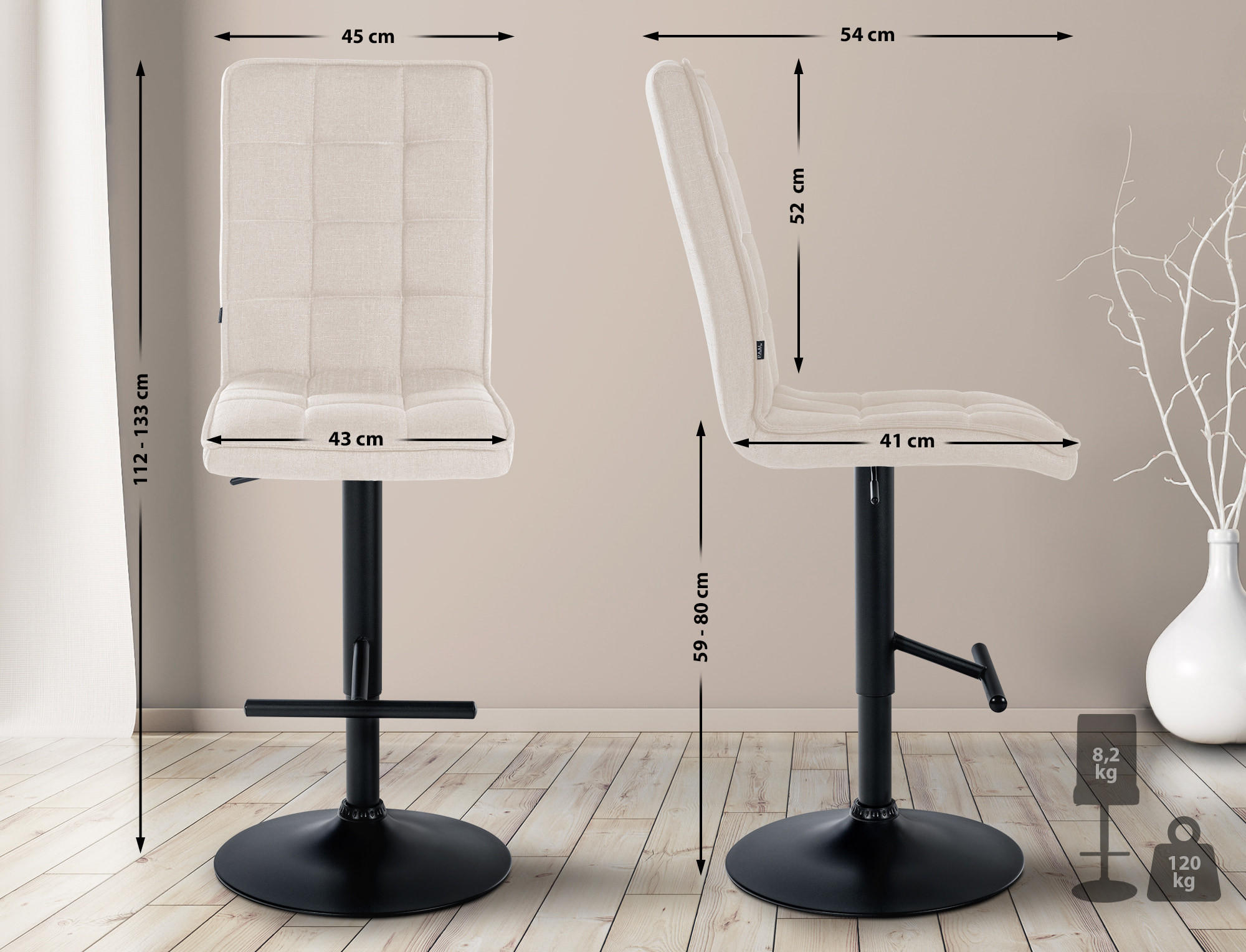 BARHOCKER Stoff creme - Creme/Schwarz, Textil/Metall (45/112/54cm) - CLP