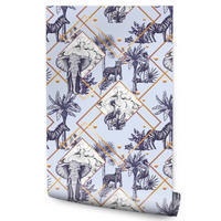 VLIESTAPETE Wildtiere und geometrische Muster – Blau, Goldfarben, Weiß – 50x1000 cm - Blau/Goldfarben, Papier (50/1000cm) - Muralo