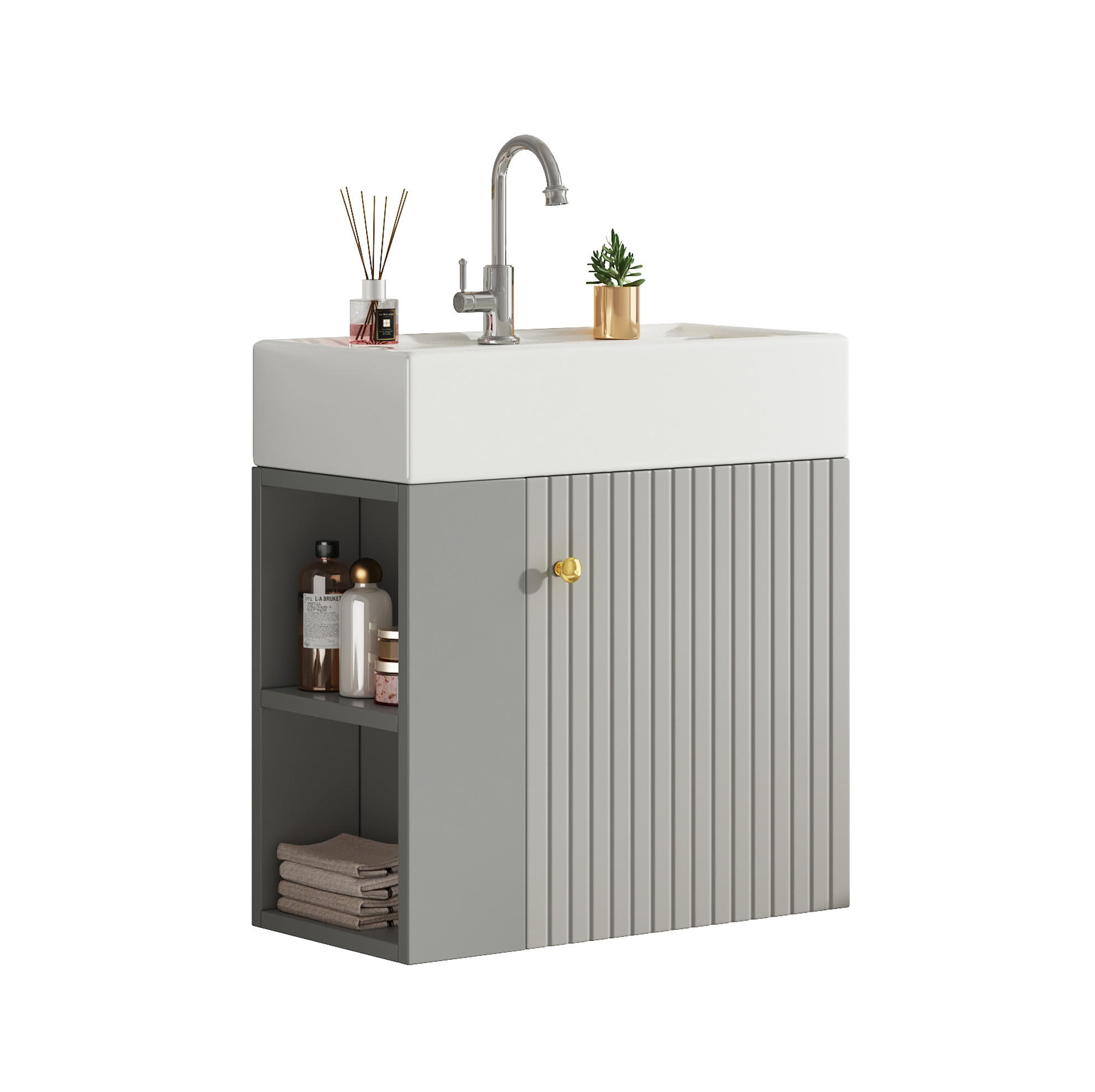 WASCHTISCHKOMBI 55 cm Grau/Weiß aus Spanplatte mit Keramikbecken und Soft-Close - Grau, Holzwerkstoff (55/66.5/31cm) - OKMYHOME