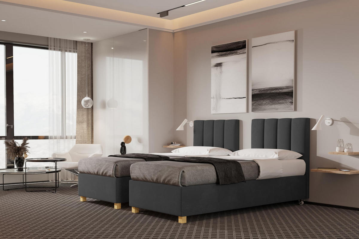 HOTELBETT EUROPA 90x200 cm, Mobil Bett auf Rollen & Koppelbar mit Bonell Matratze, 1 Stück, Dunkelgrau - Dunkelgrau, Holz/Buchenholz (90/200cm) - Trada