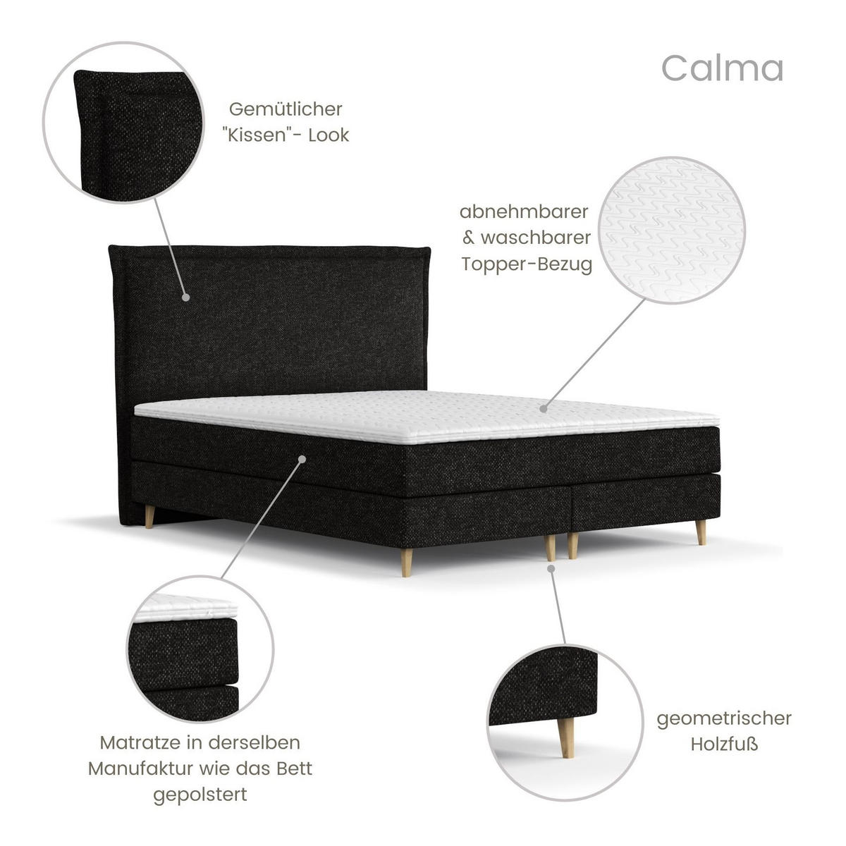 KONTINENTALBETT Calma Schwarz 120/200 cm mit Matratze und Topper - Schwarz/Naturfarben, Holz/Holzwerkstoff (120/200cm) - Maison de Reve