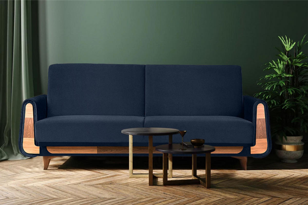 3-SITZER-SCHLAFSOFA GUSTAVO mit Armlehnen, blau - Blau/Braun, Holz/Holzwerkstoff (230/98/98cm) - KONSIMO®