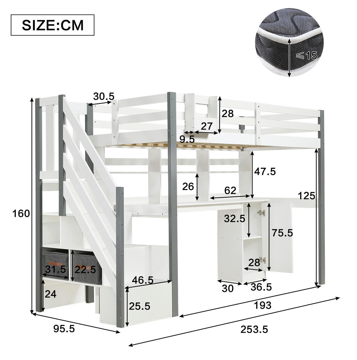 HOCHBETT Kinderbett 90/200 cm aus Kiefer/MDF mit Schreibtisch und Stauraumtreppe Weiß/Grau - Weiß, Holz (90/200cm) - Modenvie