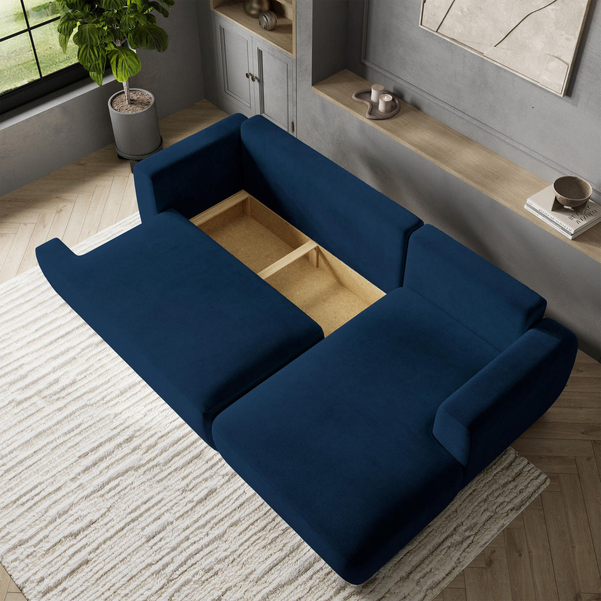 ECKSOFA SENTI K R-S Blau Plüsch-Stoff mit Schlaffunktion - Blau, Holz (246/148cm) - MASSENO