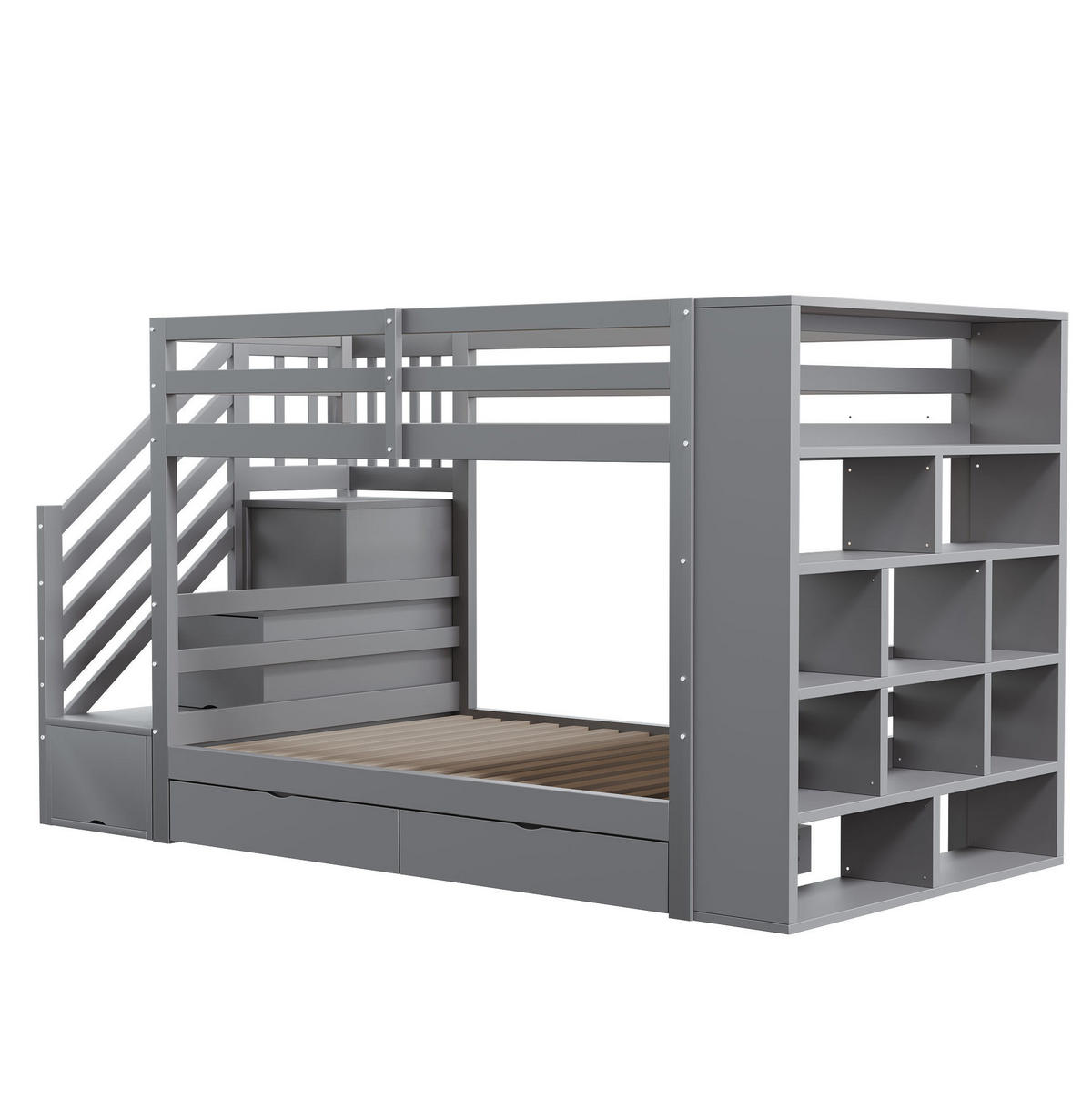 ETAGENBETT 90/200 cm, Grau mit Sicherheitstreppe und Stauraum - Grau, Holz (90/200cm) - MIVRAY