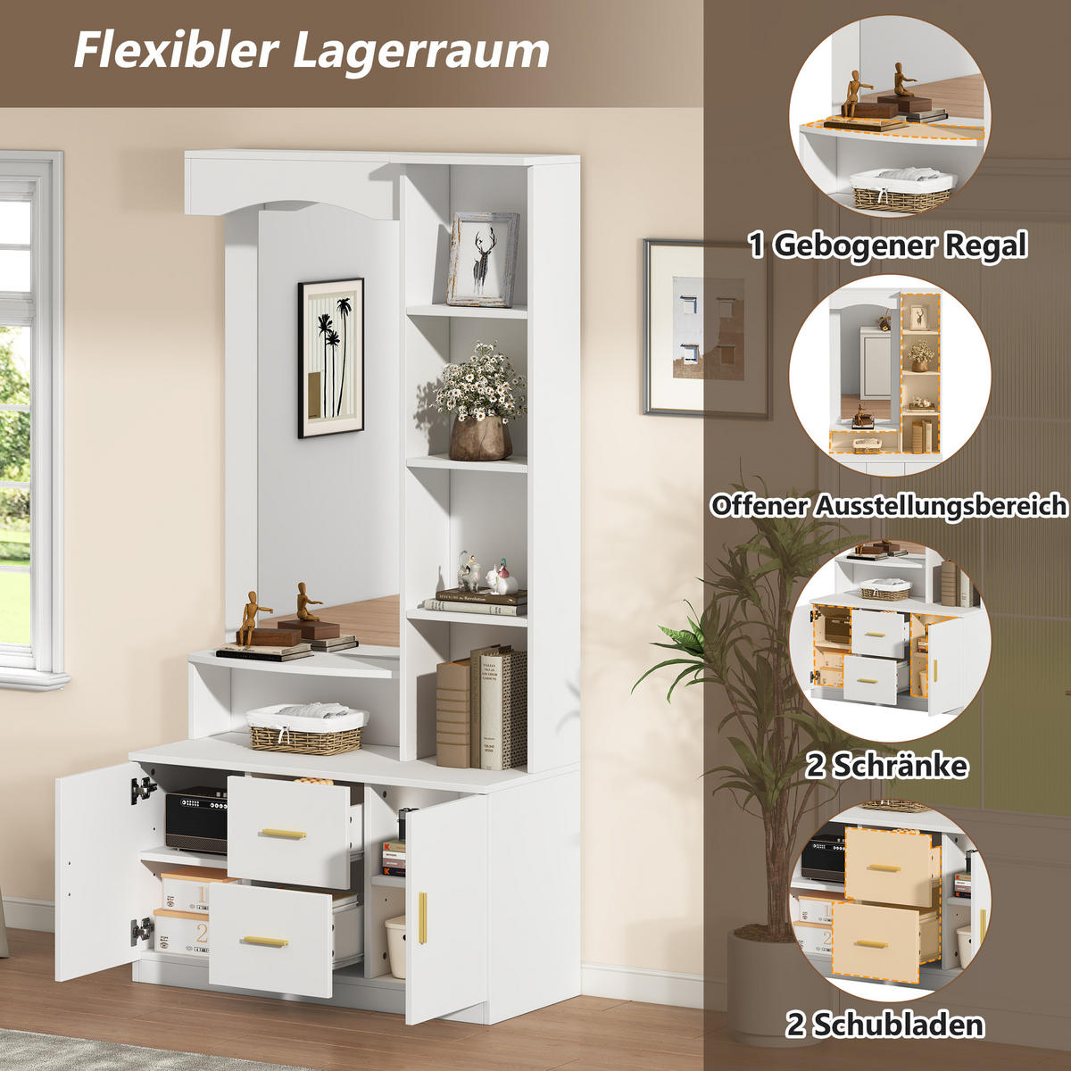 DIELENGARDEROBE mit Spiegel 90/40/180 cm in Weiß mit Schuhschrank und 2 Schubladen - Weiß, Holzwerkstoff (90/180/40cm) - BEAOK