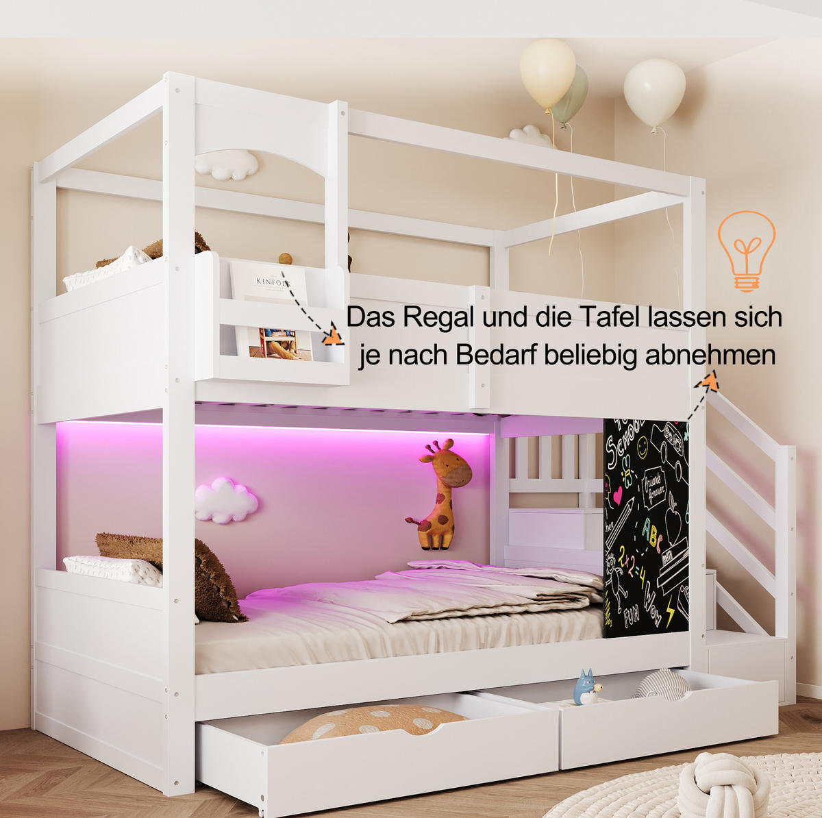 ETAGENBETT 90/200 cm aus Holz mit Schubladen, Weiß - Weiß, Holz (90/200cm) - OKMYHOME