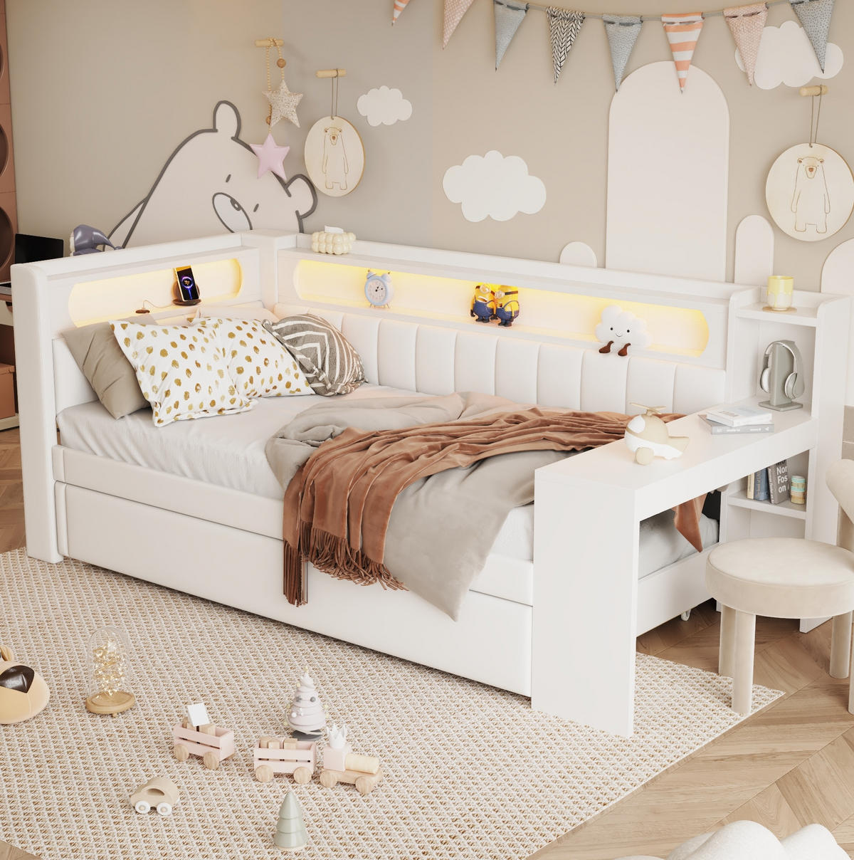 POLSTERBETT 90/200 cm mit LED-Beleuchtung, USB und Ausziehbett in Weiß - Weiß, Holzwerkstoff (90/200cm) - BEAOK