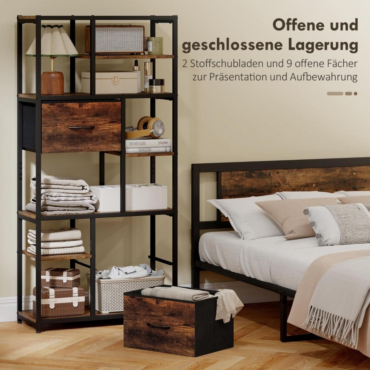 STANDREGAL 30/72,5/150 cm mit 2 Stoffschubladen und 9 offenen Fächern in Holzoptik, Braun - Braun, Holzwerkstoff (72.5/150/30cm) - Redom
