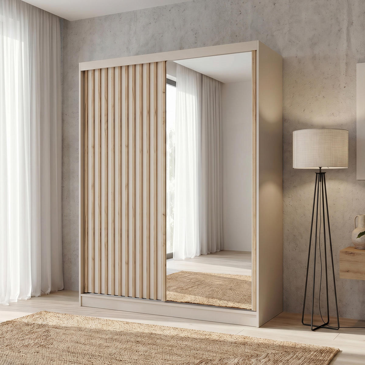 SCHWEBETÜRENSCHRANK Donatello mit 2 Türen und Schubkasteneinsatz, 160 cm, Kaschmir+eiche Artisan - Kaschmir/Eiche Artisan, Holzwerkstoff (160/205/60cm) - Beautysofa