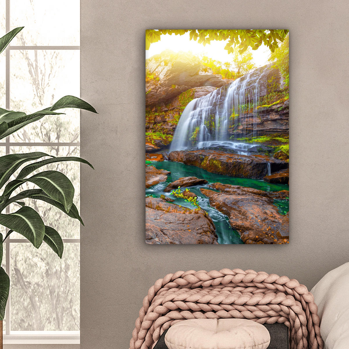LEINWANDBILD Natur - Wasserfall - Pflanzen - Bäume - Sonne 60x90 cm - Olivgrün, Textil (60/90cm) - MuchoWow