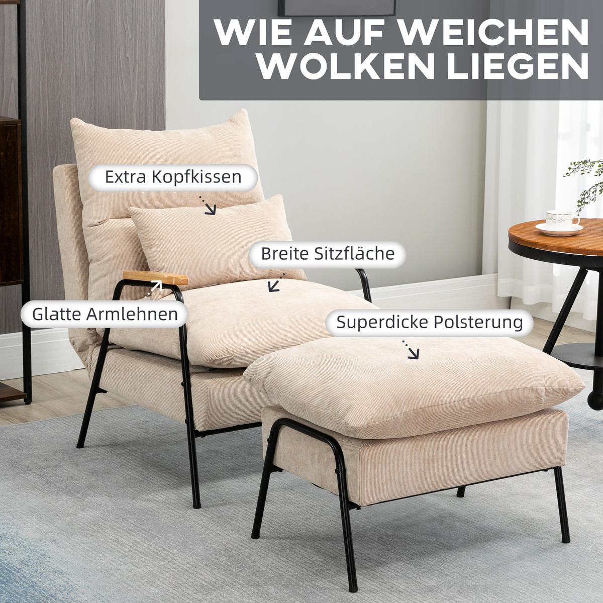 RELAXSESSEL mit Hocker Sessel mit Verstellbar Rückenlehne, Kissen für Wohnzimmer - Beige, Kunststoff (68/88/91.5cm) - HOMCOM