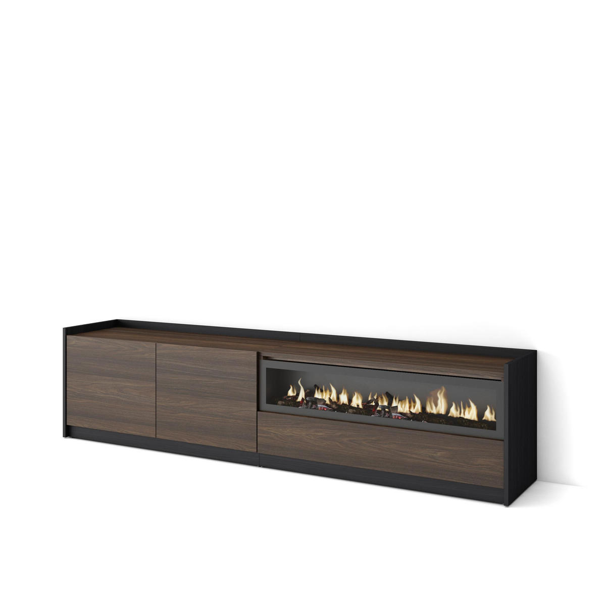 TV-SCHRANK, Lowboard, Dunkler Eiche und Schwarz, Elektrokamin, 207/37/50cm - Dunkelbraun, Holzwerkstoff (207/50/37cm) - Skraut Home