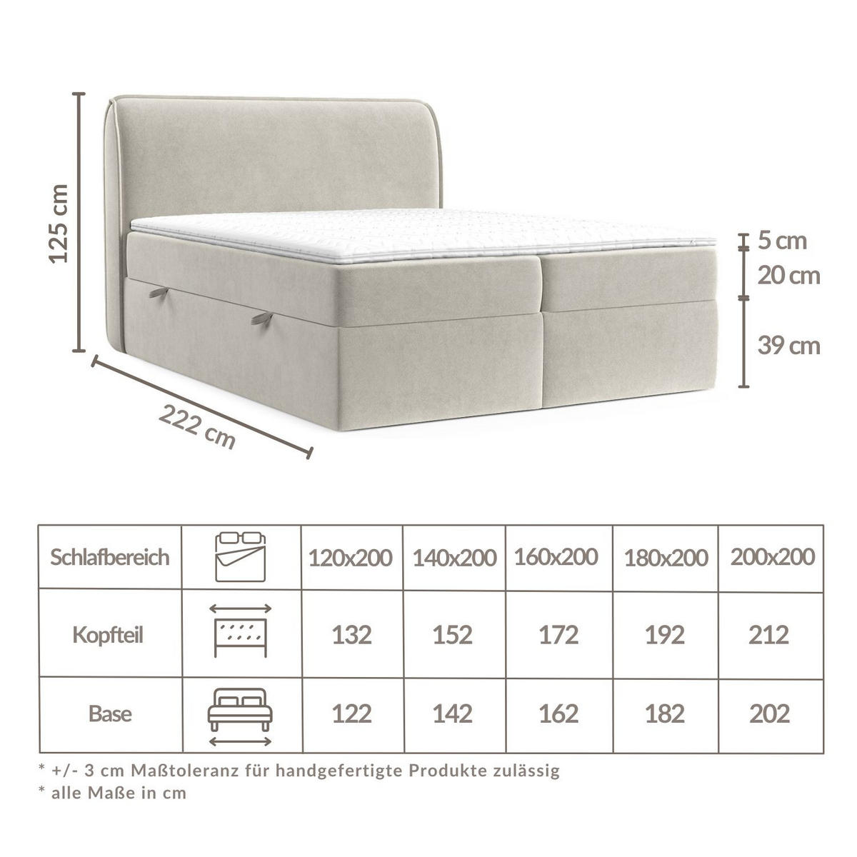 BOXBETT Organic Hellbeige 200/200 cm mit Bonellmatratze und Topper - Beige/Schwarz, Holz/Holzwerkstoff (200/200cm) - Maison de Reve