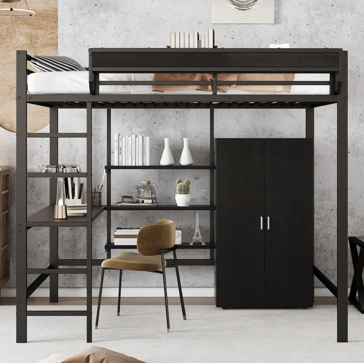 HOCHBETT 140/200 cm mit Schreibtisch, Kleiderschrank, Ablage und viel Stauraum, Schwarz - Schwarz, Holzwerkstoff (140/200cm) - Redom