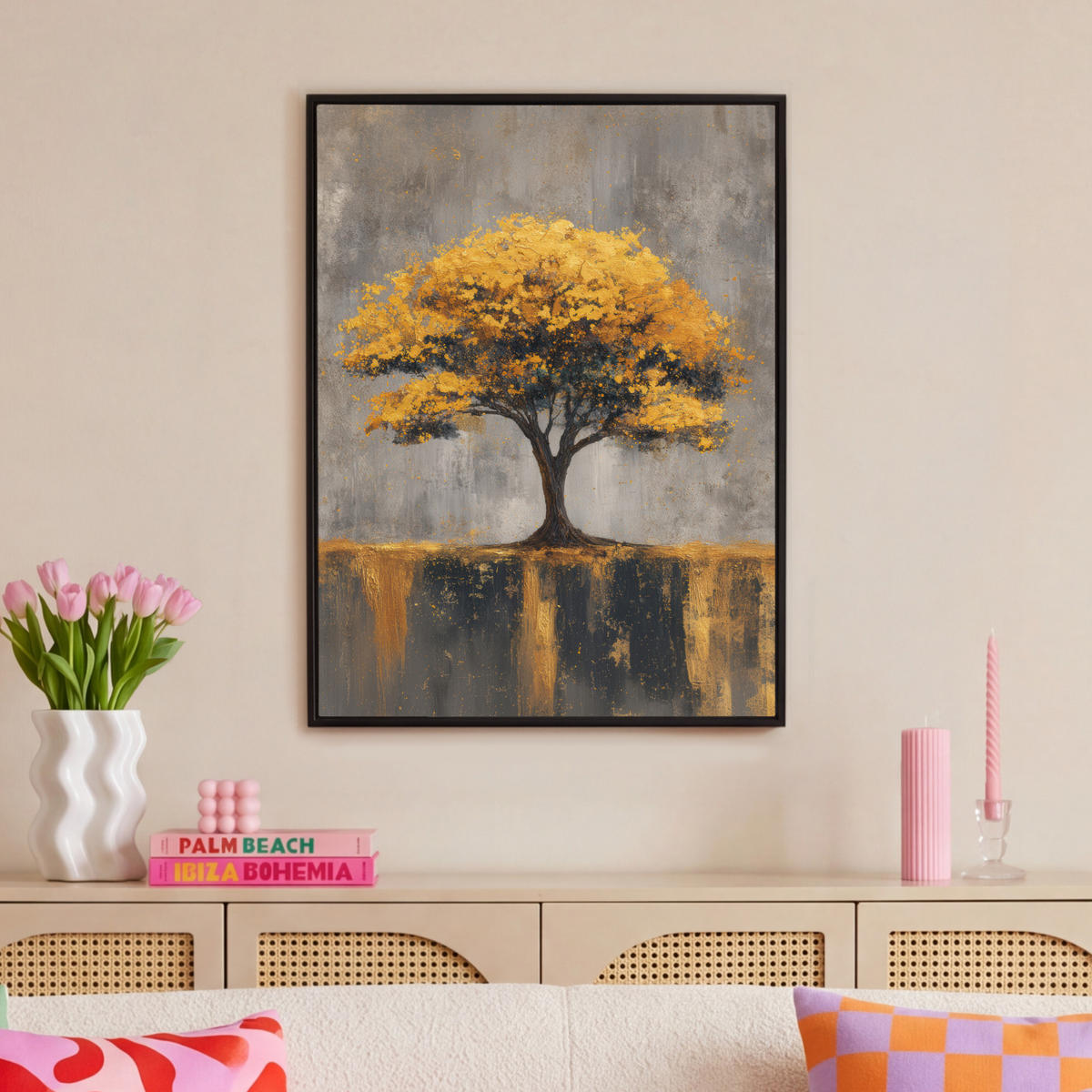 LEINWAND Bilder mit Rahmen - Baum - Blätter - Gold - Abstrakt - 70x100 - Grau, Textil (70/100cm) - MuchoWow