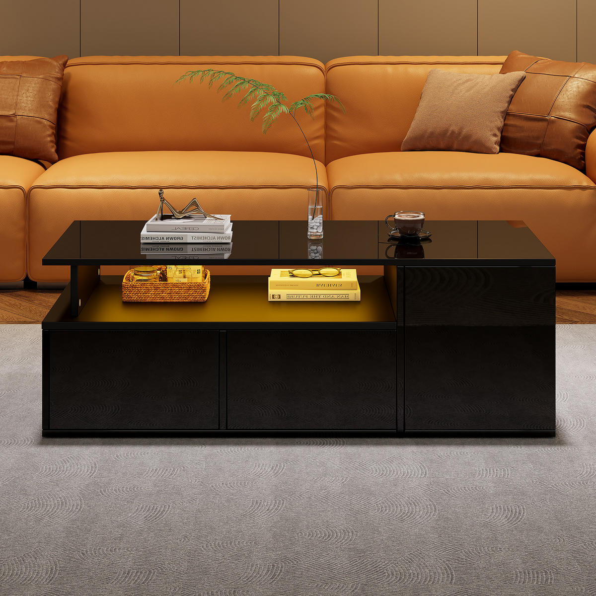 COUCHTISCH 100/50/35 cm Schwarz mit 2 Schubladen und LED-Beleuchtung - Schwarz, Holzwerkstoff (100/50/35cm) - OKWISH