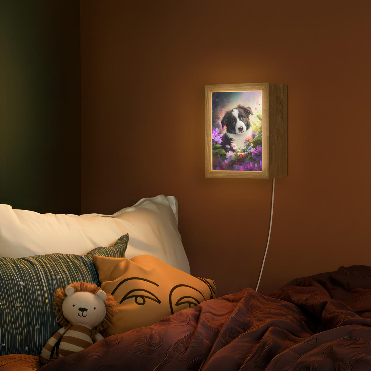 NÁSTĚNNÁ LAMPA Štěně - Slunce - Květiny - Příroda - Border kolie - Pes 15x20 cm - fialová, kompozitní dřevo (15/20/8cm) - OnlyWow