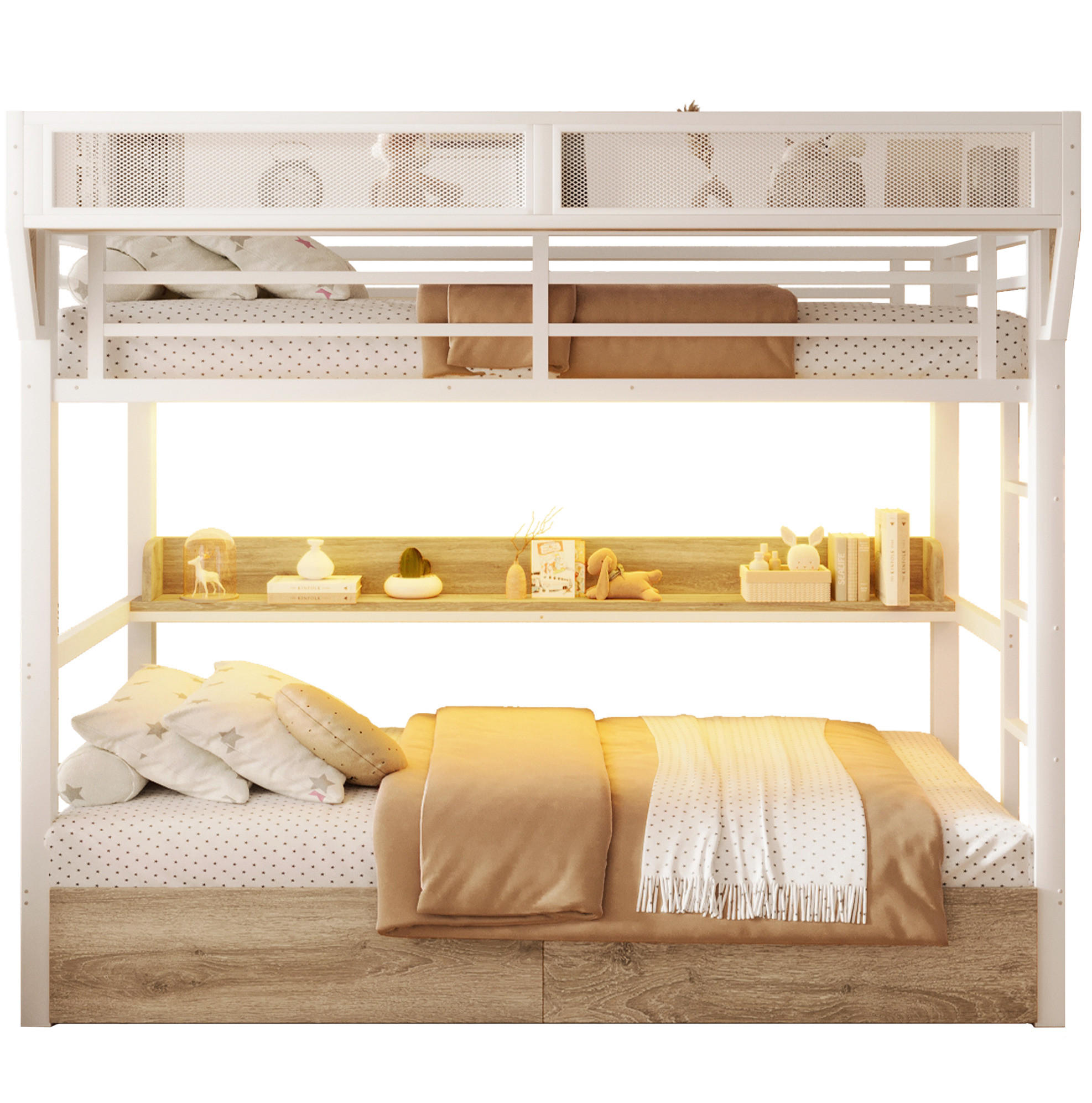 ETAGENBETT 90/200 cm aus Metall und MDF mit LED-Licht und Stauraum Weiß - Weiß, Holzwerkstoff (90/200cm) - Modenvie
