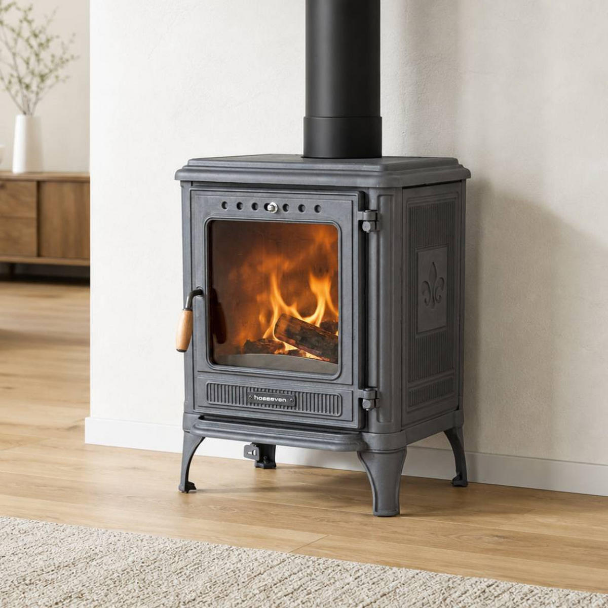 HOSSEVEN Kaminofen Holzofen Gusseisen 7 kW Holz Ofen Kamin 8005 Heizofen - Schwarz, Metall (51.6/68.3/45.8cm)