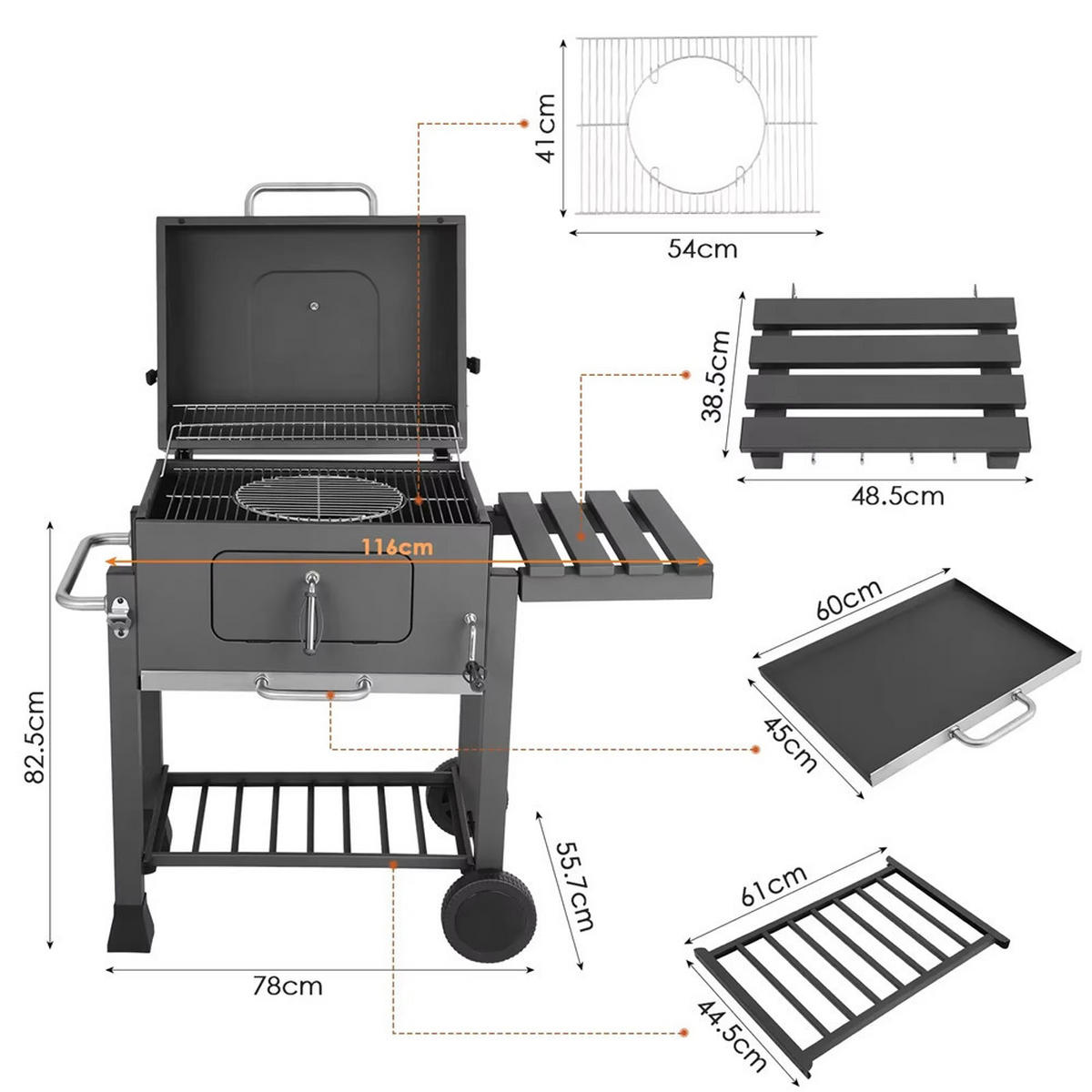 HOLZKOHLEGRILL BBQ für 5–10 Personen mit 2 Rädern - Schwarz, Metall (116/82.6/55.7cm) - Kaket