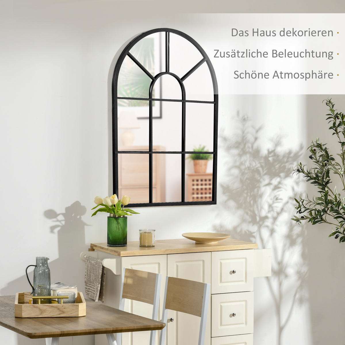 91 x 60 cm Wandspiegel Bogenfenster-Spiegel Wohnzimmerspiegel Schwarz Metall - Schwarz, Glas/Metall (2/60/91cm) - HOMCOM