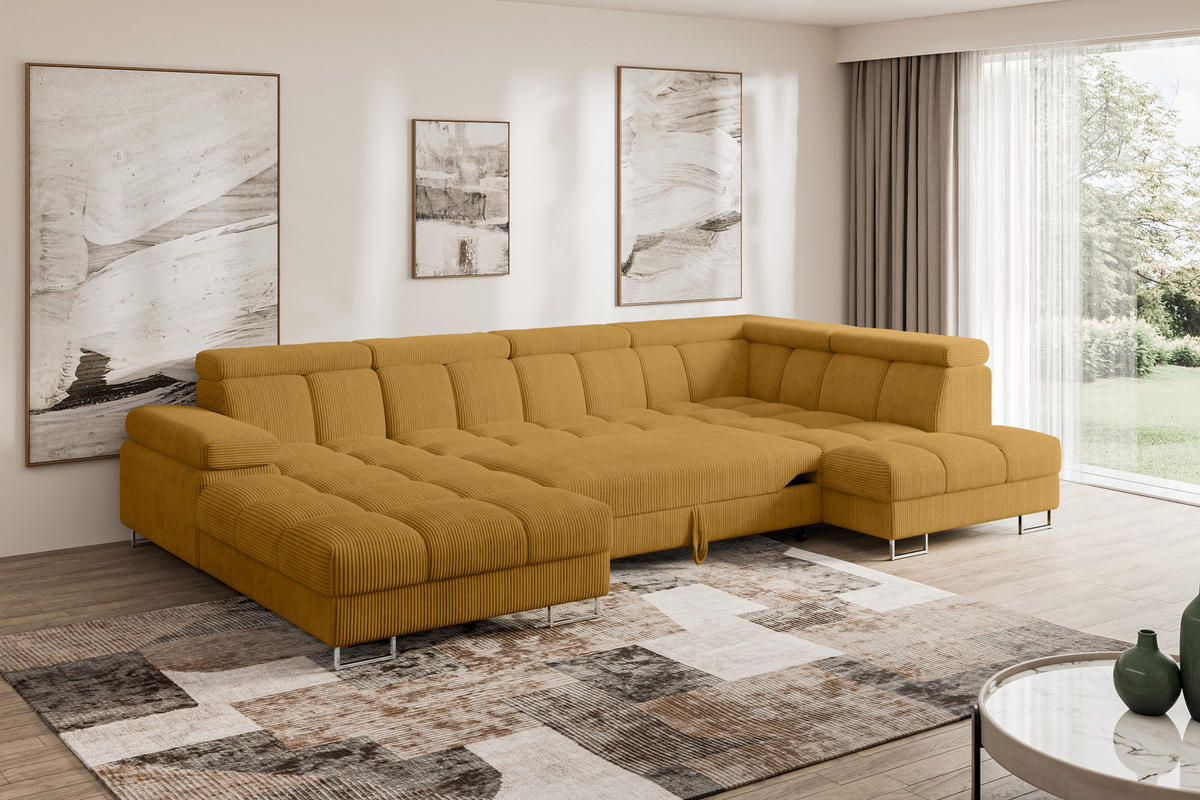 WOHNLANDSCHAFT mit Schlaffunktion und Bettkasten Ottomane RECHTS COMA U 345x203x79 Senfgelb Cord - Honig, Holzwerkstoff/Textil (203/79/345cm) - ALTDECOR