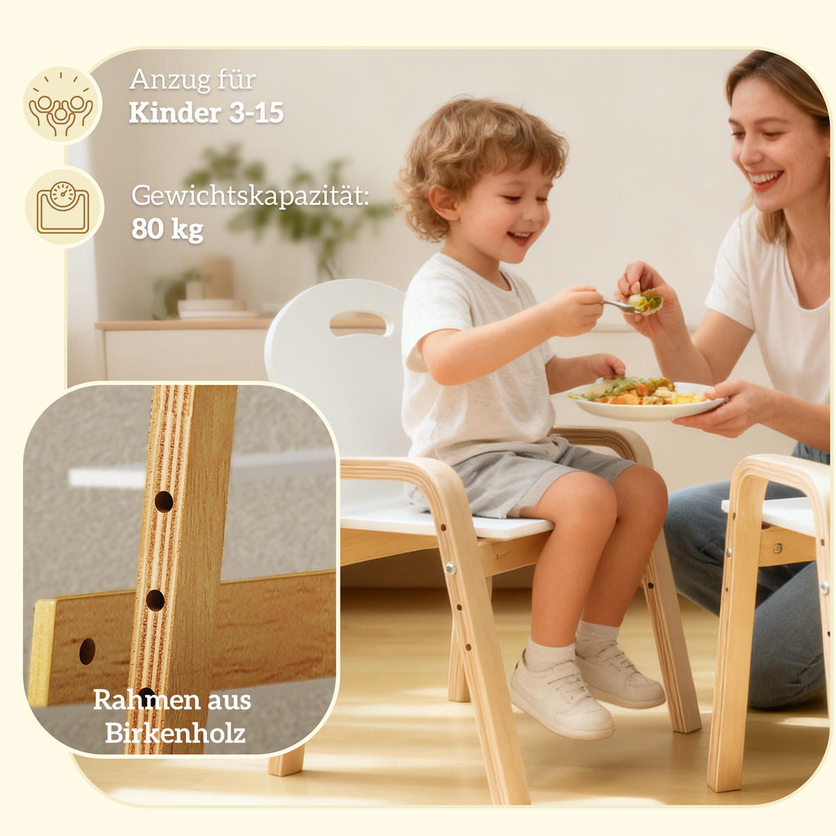 KINDERSTUHL aus Holz Höhenverstellbar mit Armlehne 2er Set - Birkefarben/Weiß, Holz/Birkenholz (34/61.5/39cm) - AIYAPLAY