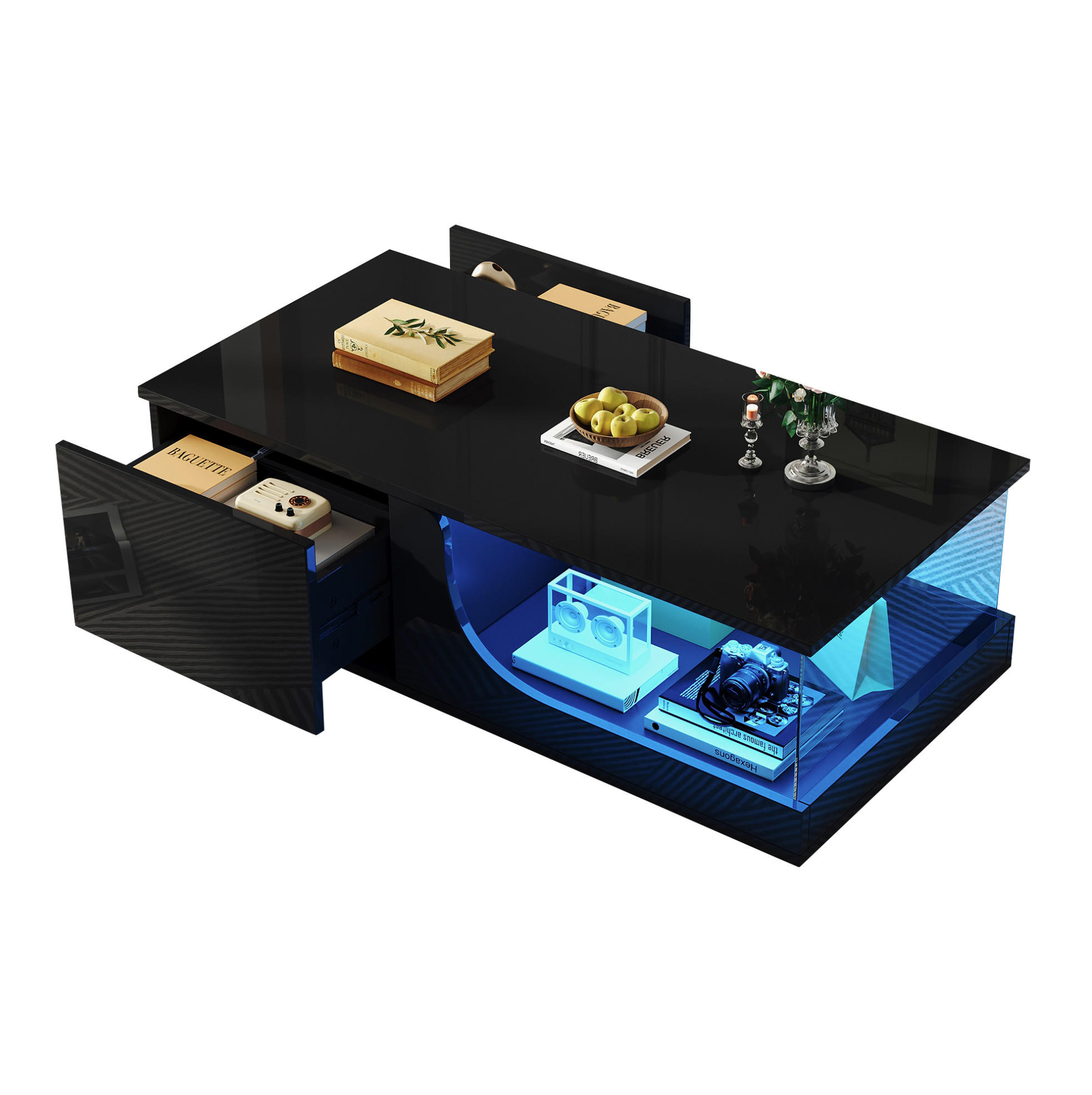 COUCHTISCH 100/50/30 cm Schwarz aus MDF und Glas mit LED und 2 Schubladen - Schwarz, Holzwerkstoff (100/50/30cm) - OKMYHOME