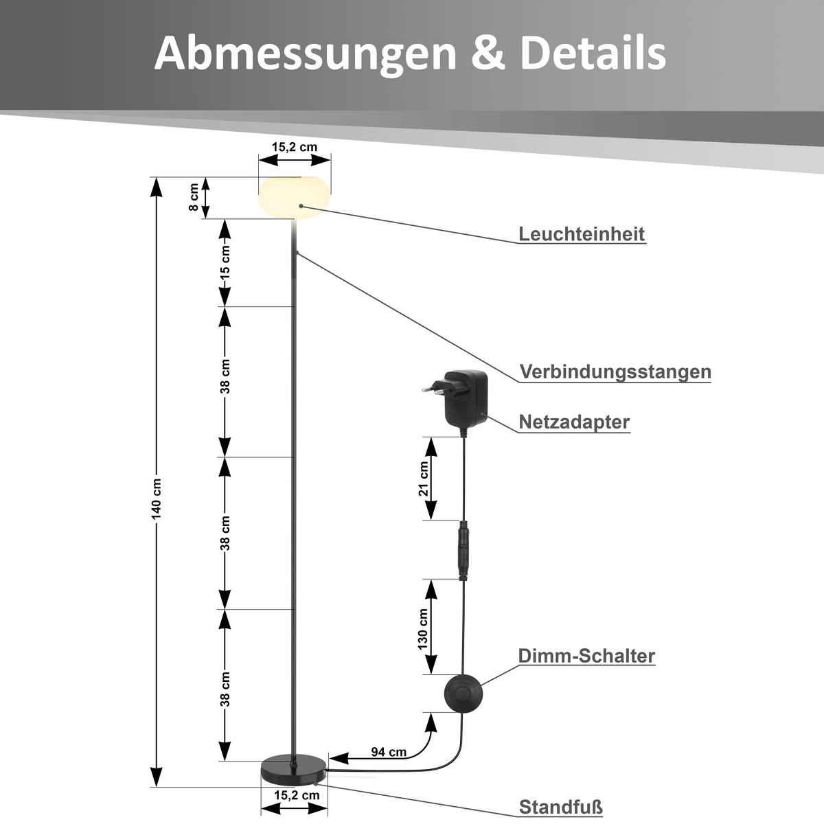 LED-DESIGN-STEHLEUCHTE stufenlos dimmbar Trittschalter 3000K 140cm hoch Metall Wolke Schwarz - Schwarz Hochglanz, Metall (15/15/140cm) - Elblight.de
