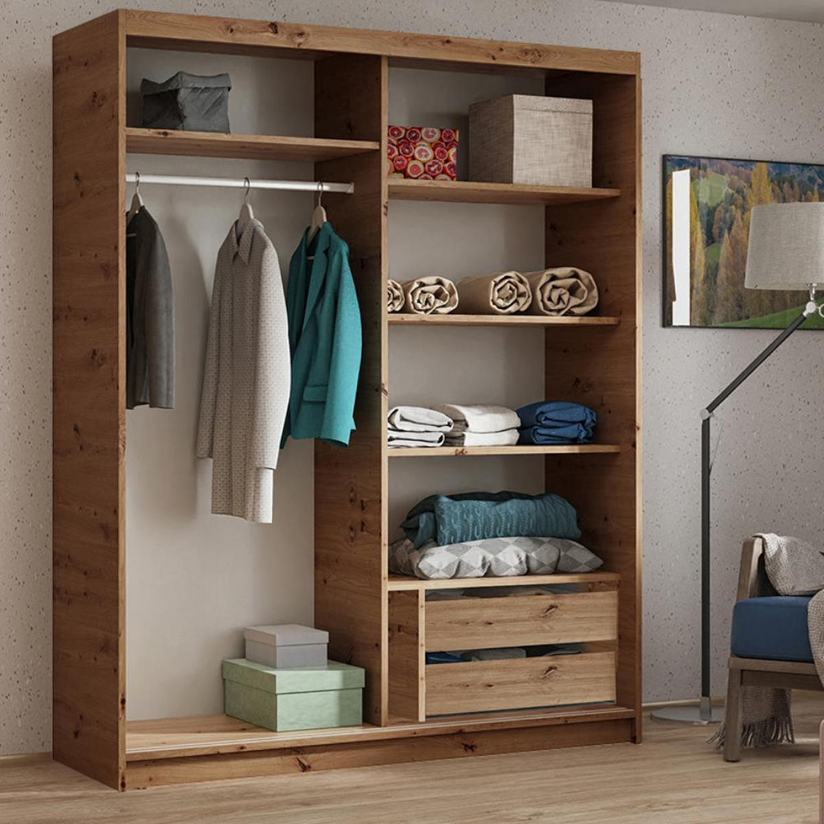 SCHWEBETÜRENSCHRANK Hela 100/205/60 2-türig eiche Artisan/schwarz mit Schubladen - Schwarz/Eiche Artisan, Holzwerkstoff (100/205/60cm) - Beautysofa