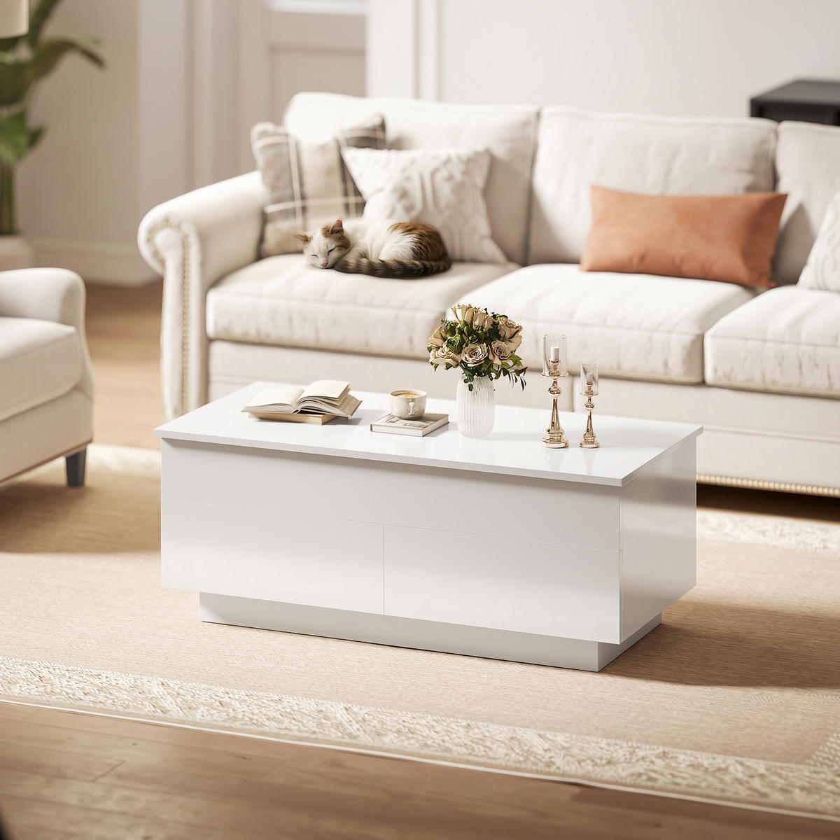 COUCHTISCH höhenverstellbar Spanplatte Hochglanzweiß - Weiß Hochglanz, Holzwerkstoff (102/48/54.5cm) - HOMCOM