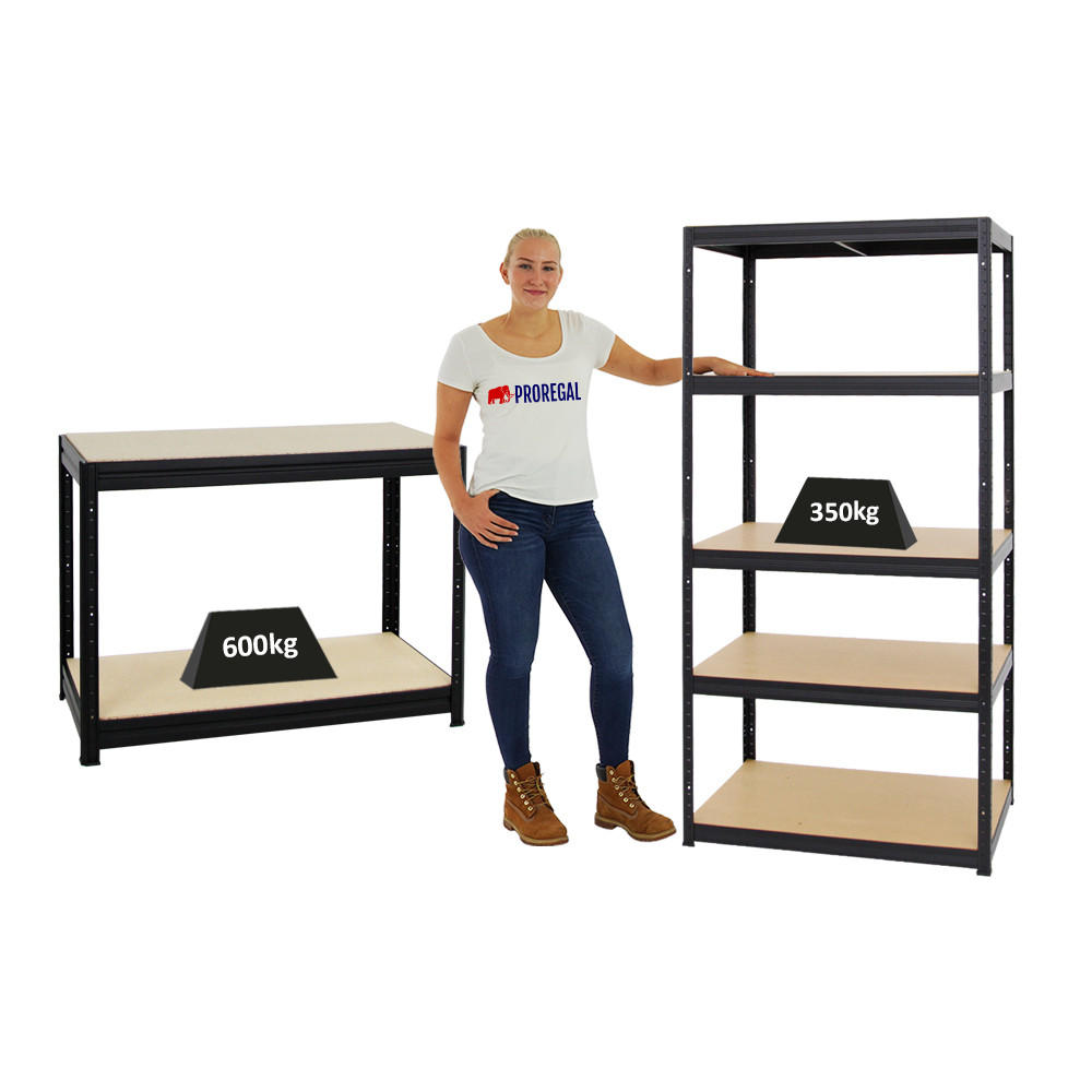 WERKBANK Slim Dino höhenverstellbar & 1x SCHWERLASTREGAL Slim Elephant M Set Fachlast bis zu 600 kg Schwarz - Schwarz, Metall (180/180/60cm) - PROREGAL