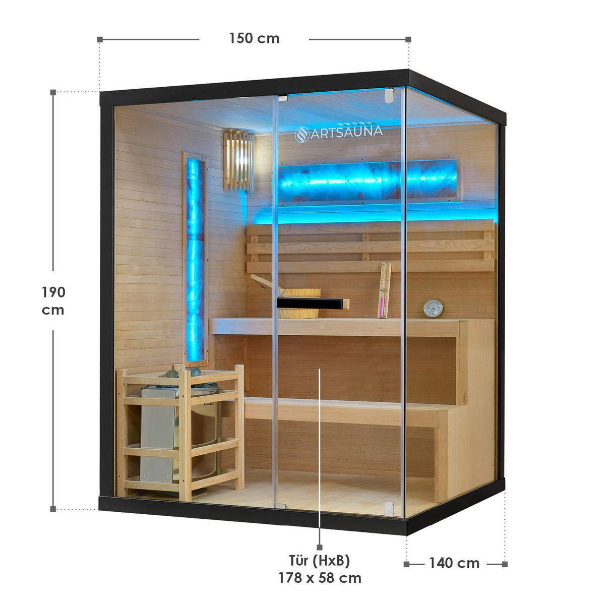 SAUNA Vantaa 150 x 140 cm mit 4,5 kW Saunaofen - Naturfarben, Holz (140/190/150cm) - Artsauna