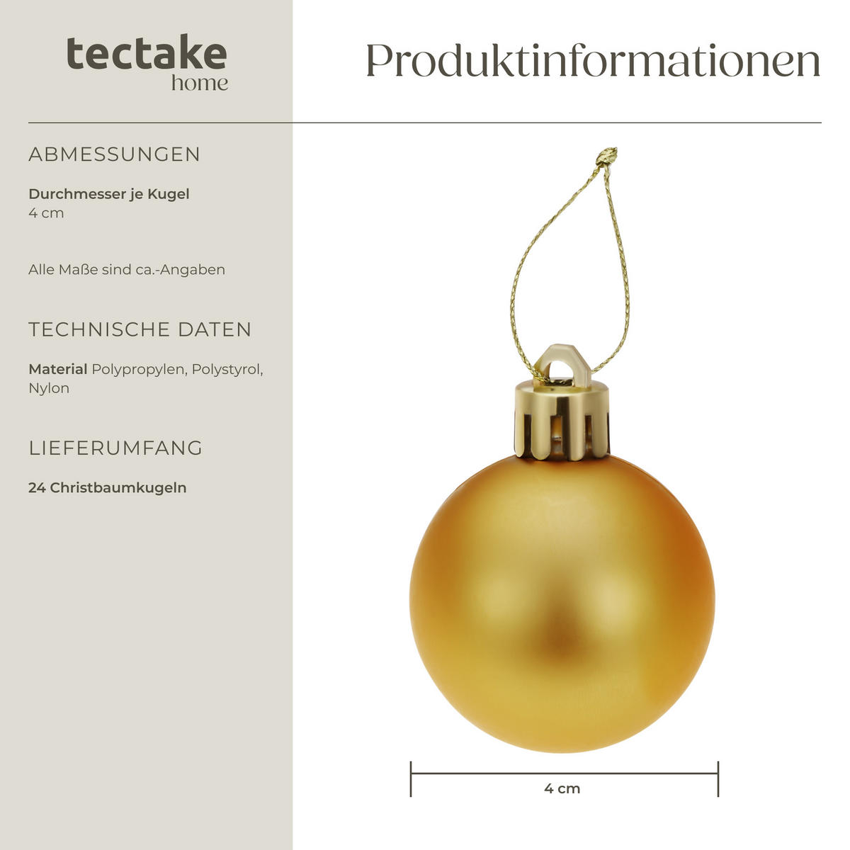 WEIHNACHTSKUGELN ,Durchmesser 4 cm,gold/weiß - Goldfarben/Weiß, Textil (4/4/4cm) - tectake