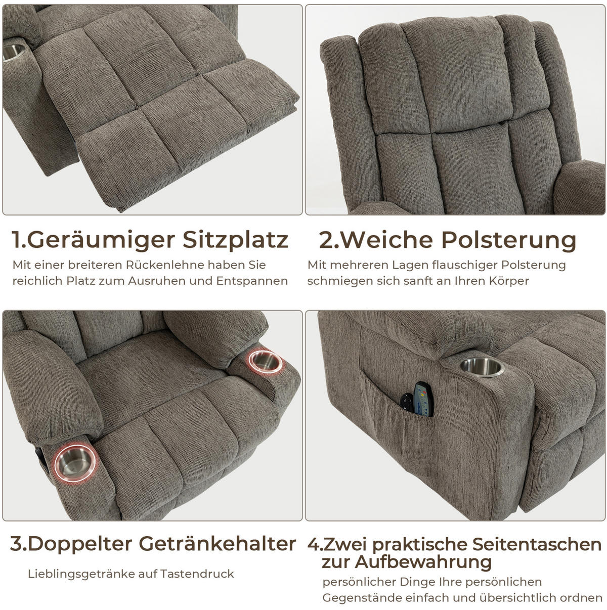 RELAXSESSEL elektrisch mit Aufstehhilfe und Fußteil in Hellbraun - Hellbraun, Textil (84/106/91cm) - BEAOK