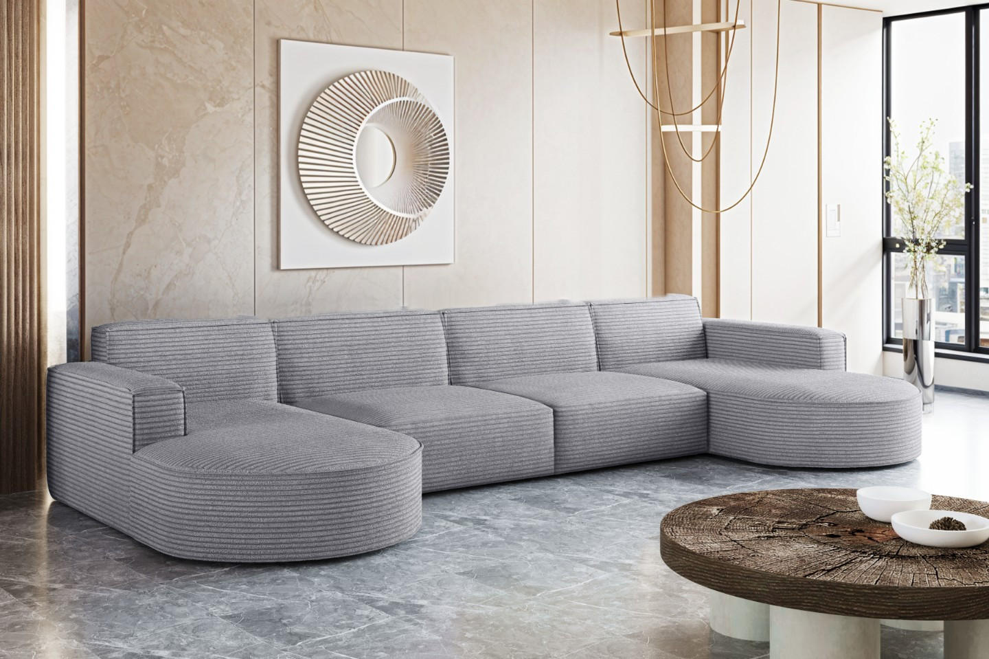 ECKSOFA U-Form XL Designer MODENA stoff Dicker Cord Poso Hellgrau - Hellgrau, Holz (165/382cm) - Kaiser Möbel