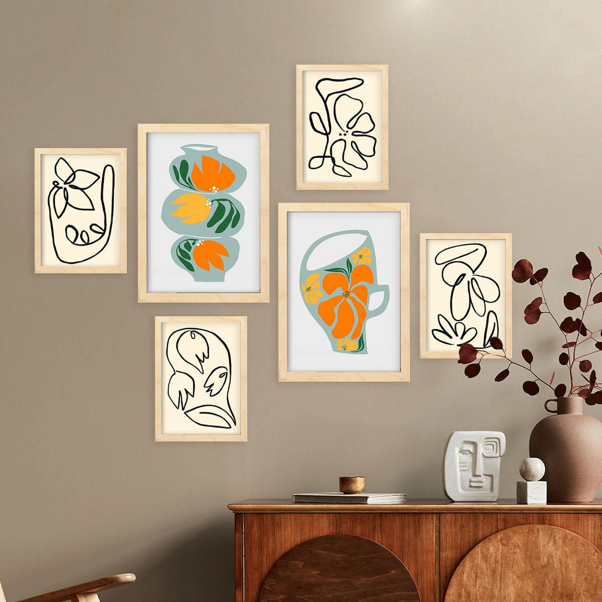 POSTER Set Mit 6 Demodierte Vase In Blume Zusammenfassung Ästhetische Dekorative Gemälde Für Ihr Wohnzimmer Zuhause A3 & A4 Rahmen Aus Hellem Holz - Beige, Papier (29/3cm) - Nacnic
