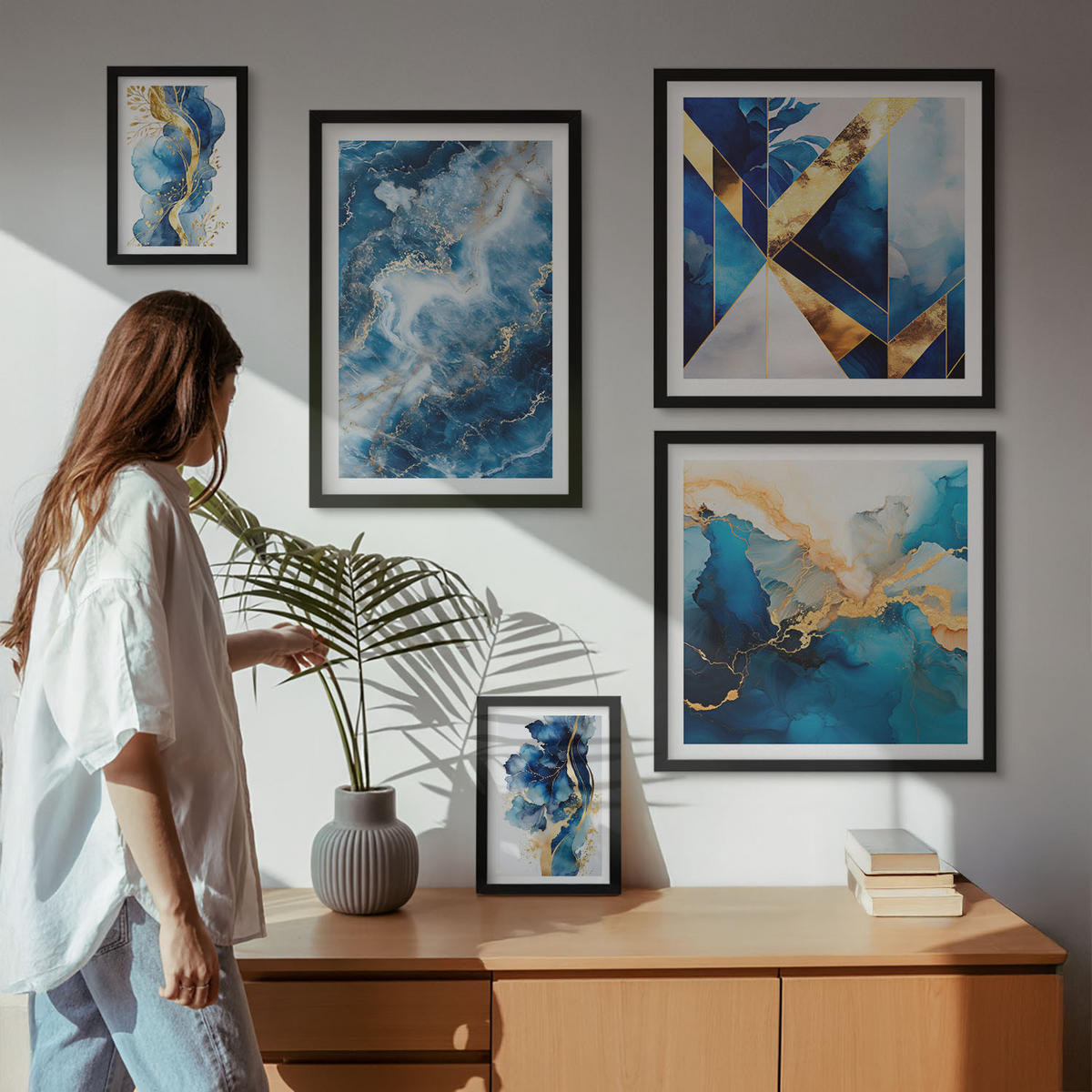 BILDER SET 5er Set - 50x50 cm & 20x30 cm & 40x60 cm Schwarzer Rahmen - Blaue abstrakte Muster - Schwarz, Kunststoff (40/60cm) - TULUP