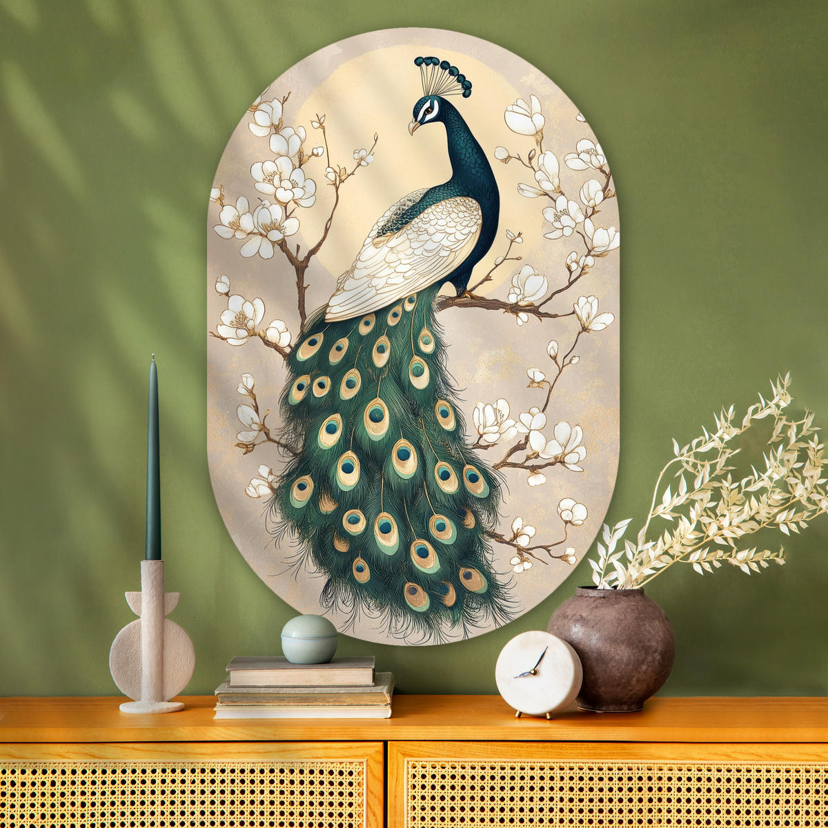 WANDBILD Pfau - Zweig - Blumen 80x120 cm - Champagner, Kunststoff (80/120cm) - MuchoWow